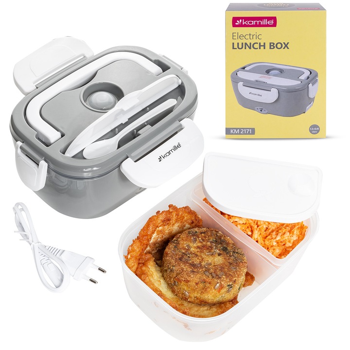 Kamille Elektromos Ételhordó Hőmérséklet-fenntartással, 1,5 L – Termosz funkció, gyors melegítés, 220V, Szürke