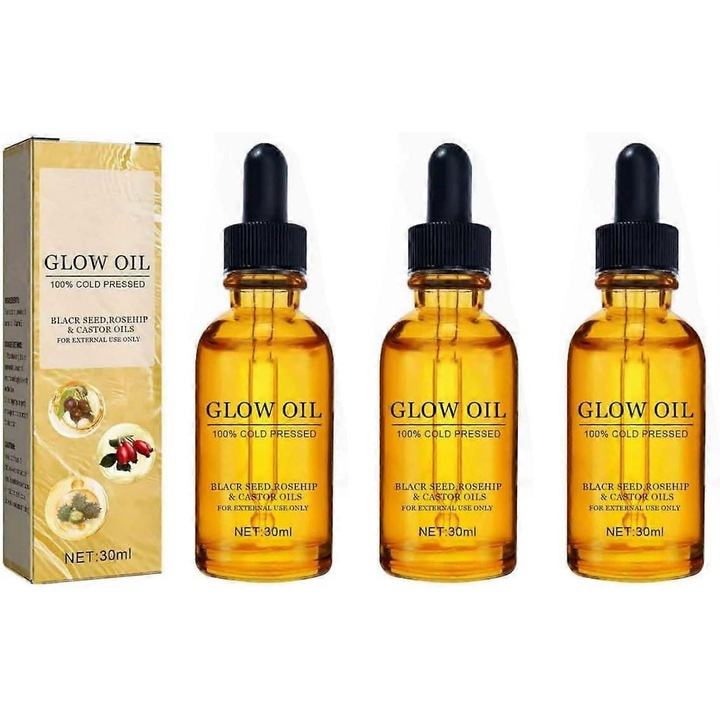 Ulei cosmetic set 3 buc, ulei de seminte negre, ulei de trandafir, ulei de ricin, hidratant anti-imbatranire, 100% presat la rece