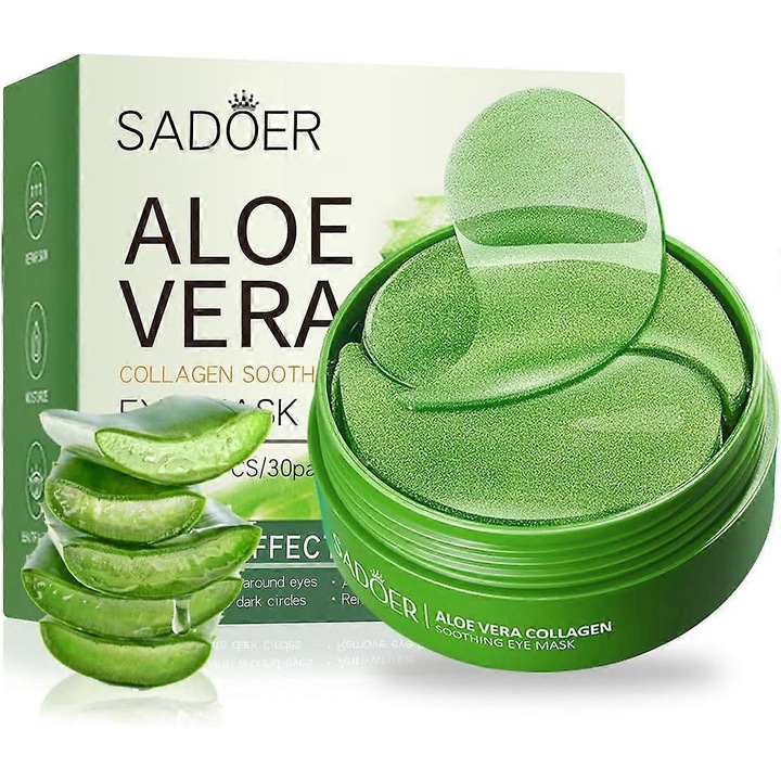Plasturi pentru ochi cu colagen, Sadoer, set 30 perechi, efect anti-cercuri, aloe vera