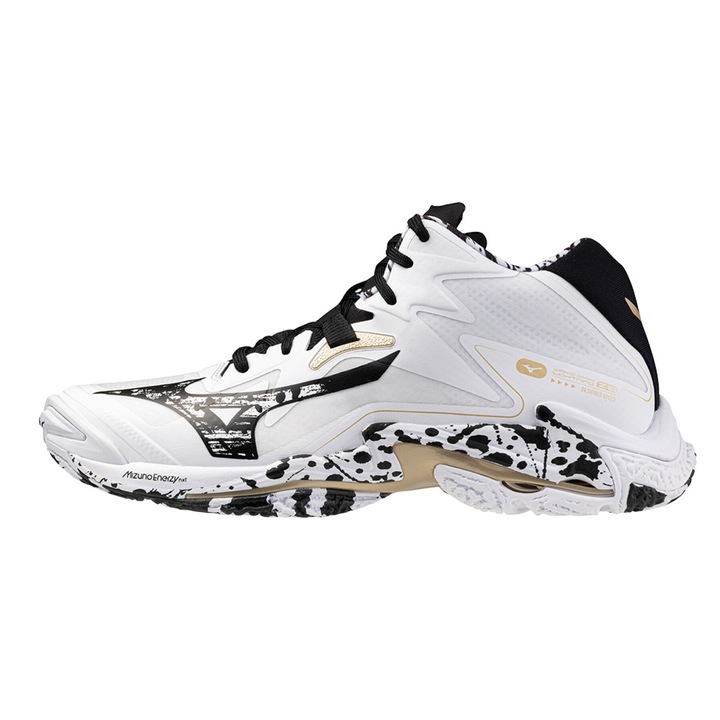 Pantofi sport barbati Mizuno Wave Lightning Z8 Mid, alb/negru/auriu, amortizare optima, 47 EU