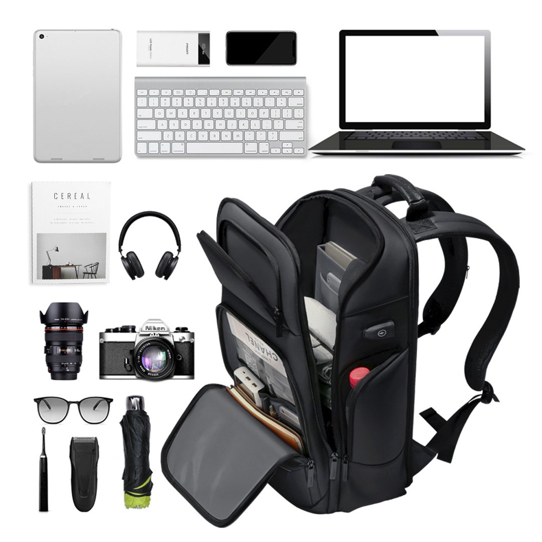 Rucsac laptop MYBALO Atlas, extensibil, impermeabil, cu port USB, 27-39 l, 46x31x20-26 cm, negru