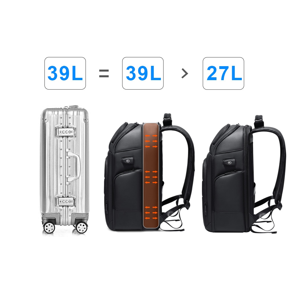 Rucsac laptop MYBALO Atlas, extensibil, impermeabil, cu port USB, 27-39 l, 46x31x20-26 cm, negru
