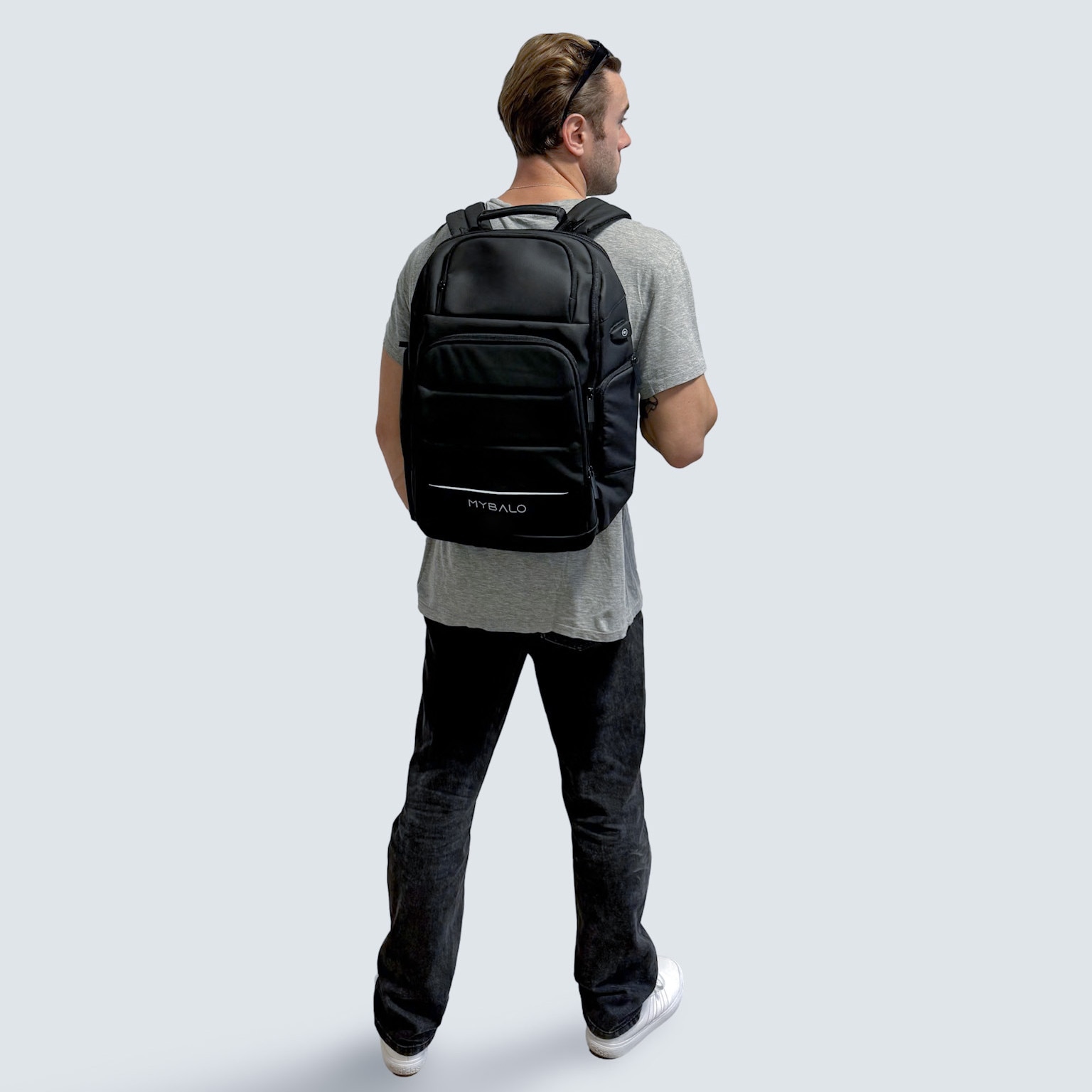 Rucsac laptop MYBALO Atlas, extensibil, impermeabil, cu port USB, 27-39 l, 46x31x20-26 cm, negru