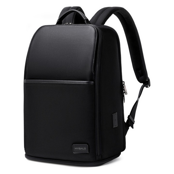 Rucsac laptop MYBALO Bristol, extensibil, cu capacitate de 25 l, compartiment pentru laptop 15,6", buzunar pentru incaltaminte, port USB, negru, 46x30x17 cm