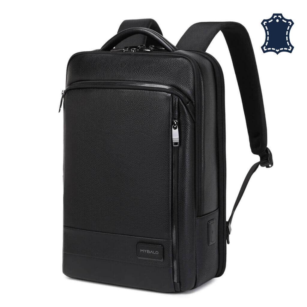 Rucsac business MYBALO ZANTE, piele naturala, pentru laptop 15,6", port USB, impermeabil, negru, 21 l