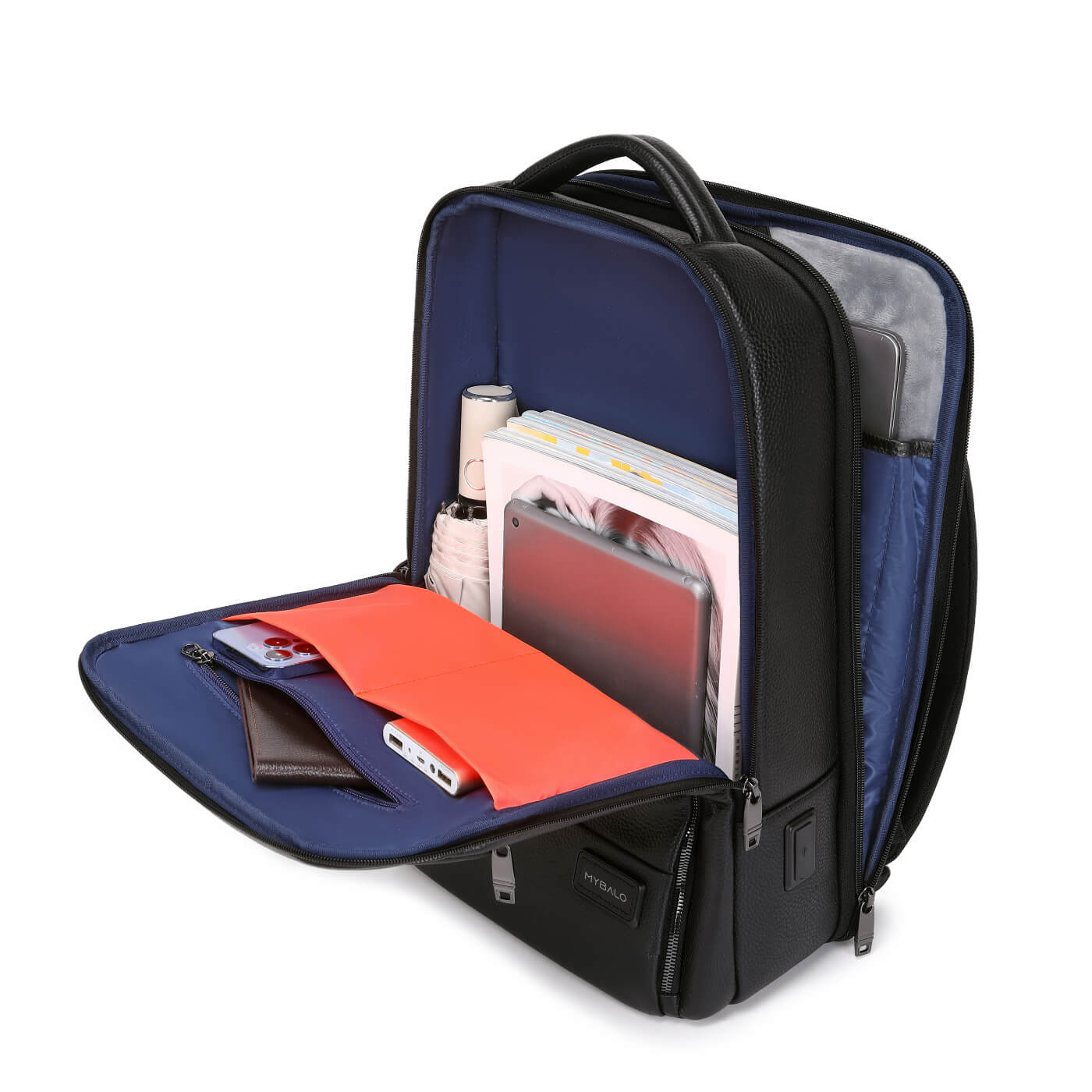 Rucsac business MYBALO ZANTE, piele naturala, pentru laptop 15,6", port USB, impermeabil, negru, 21 l