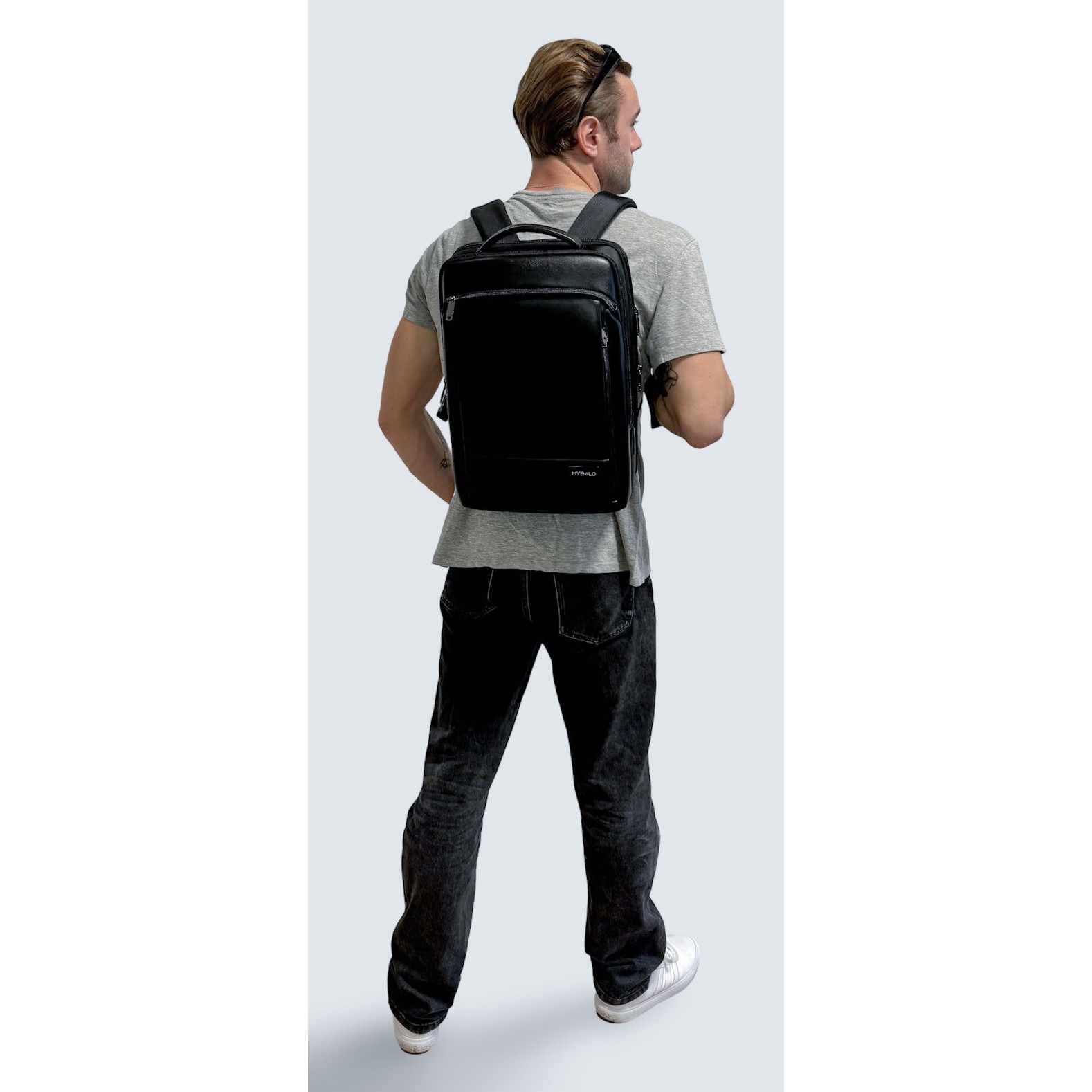 Rucsac business MYBALO ZANTE, piele naturala, pentru laptop 15,6", port USB, impermeabil, negru, 21 l