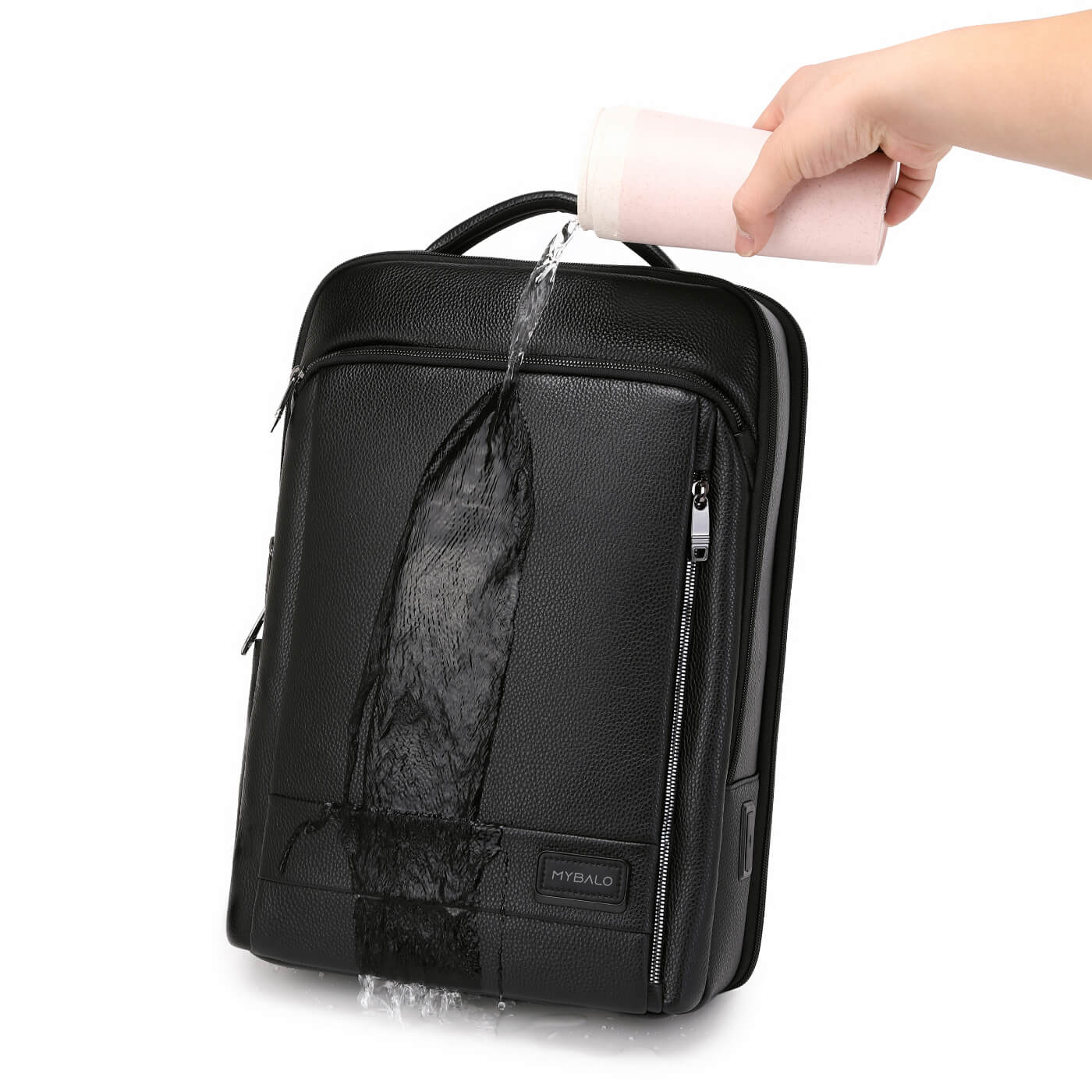 Rucsac business MYBALO ZANTE, piele naturala, pentru laptop 15,6", port USB, impermeabil, negru, 21 l