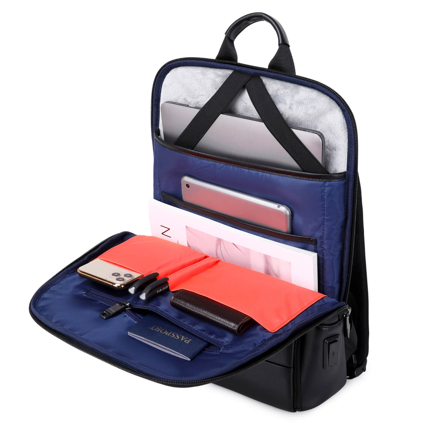 Rucsac business MYBALO Tenky Spectrum pentru laptop 15,6", compartiment tableta 9", port USB si USB-C, impermeabil, negru, 42x30x11cm, 13l