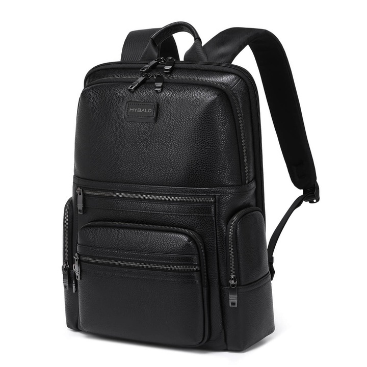 Bőr üzleti hátizsák, MYBALO Matterhorn, 15,6"-os laptophoz, 9"-os tablethez, USB és USB-C porttal, vízálló, fekete, 24 l