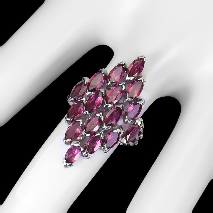 Inel din argint cu granate naturale, Songea, 30x18mm, placat cu aur alb 14K, marimea 14