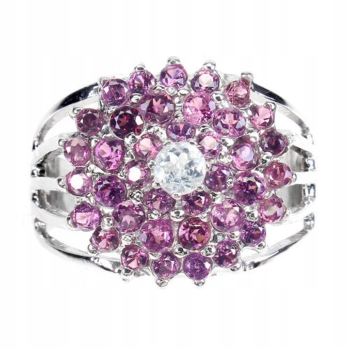 Inel dama, Songea, Argint/Granat/Acvamarin, Argintiu/Roz, Marimea 19