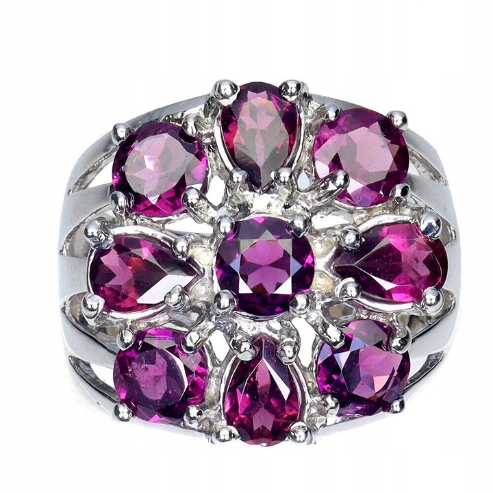 Inel cu flori marimea 14, Songea, rodolit natural, granate, argint