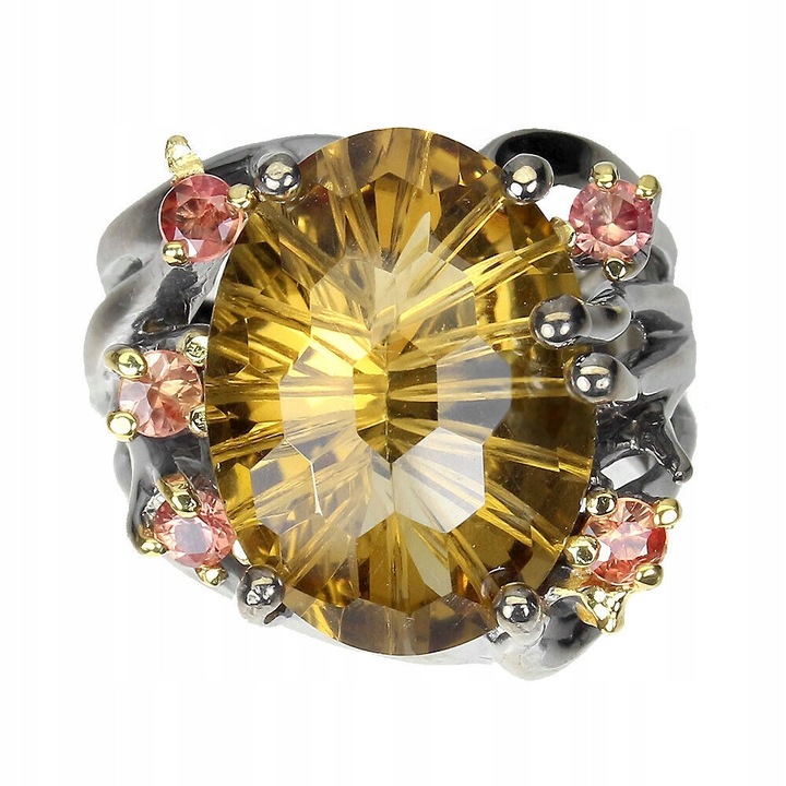 Inel din argint 925 cu safire naturale si citrin sintetic, Songea, 20x20mm, marimea 16, handmade