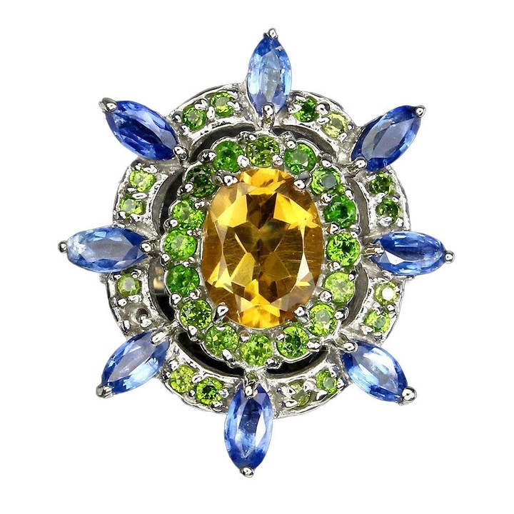 Inel dama cu cianit, citrin si diopsid, Songea, 13, 26x23mm