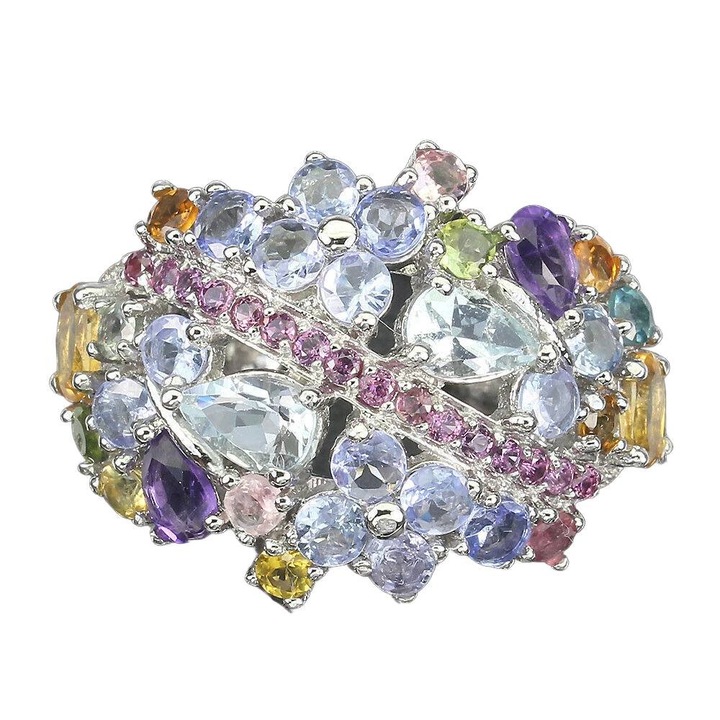 Inel dama din argint Songea cu acvamarine, ametist, turmalin, citrin, granat, 15.5, 27x20mm