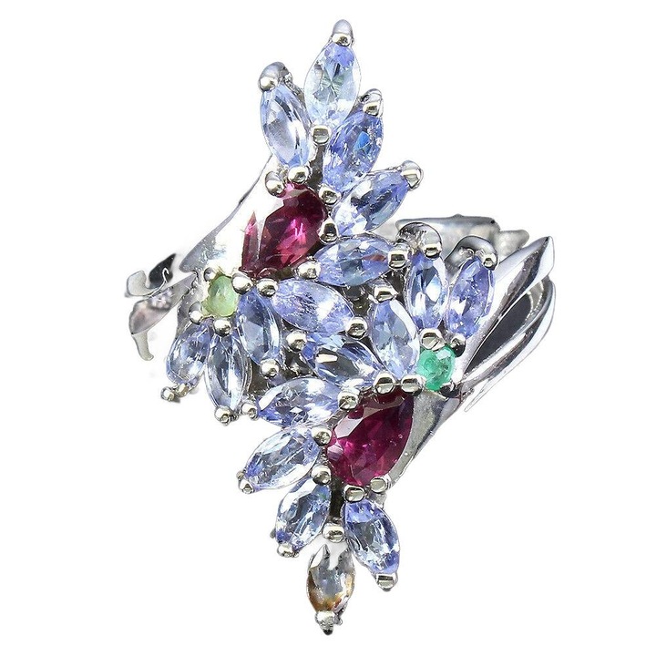 Inel din argint 925 cu tanzanite, granate si smaralde, 16, 28x15mm, 5.17g