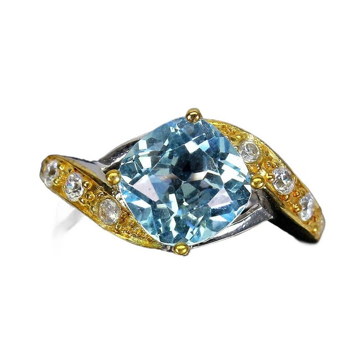 Inel din argint cu topaz albastru-cer si zirconiu cubic, marimea 11.5