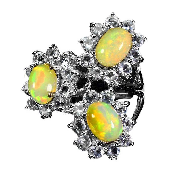 Inel argint 925 cu opale ogniste si acvamarin, 14, 25x21mm