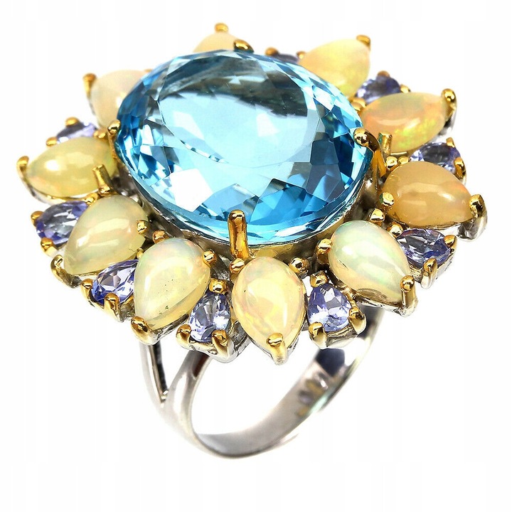 Inel argint 14K cu Swiss Blue Topaz 19ct, opal foc, tanzanit, 20, 33x31mm
