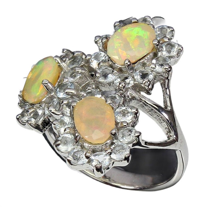 Inel din argint cu acvamarine marimea 17 si opal de foc, argint
