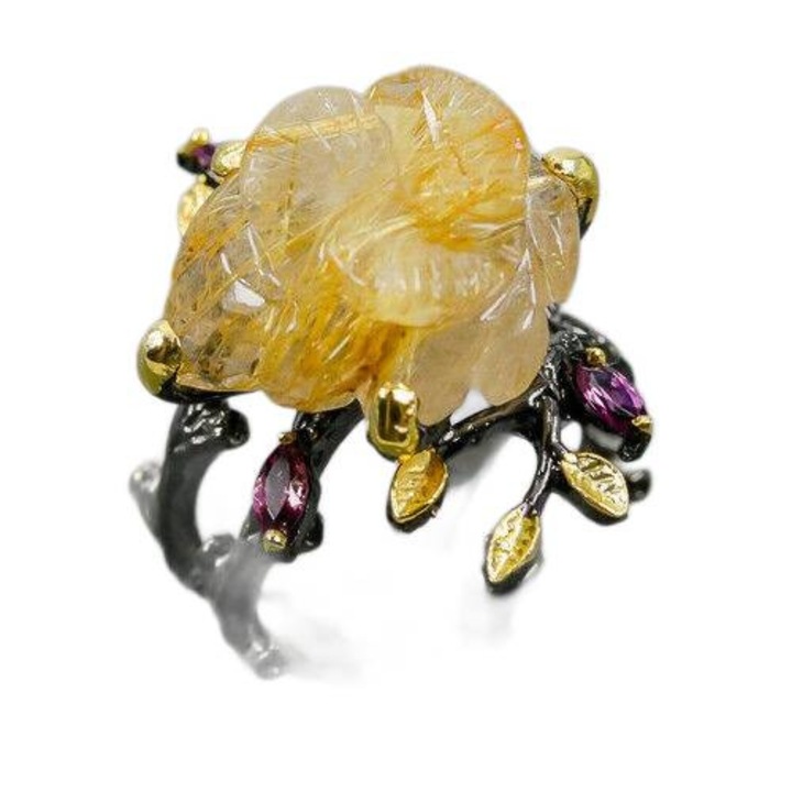 Inel artistic din argint 925 cu cuart rutil si granate, 17, 16x19mm, handmade, Africa