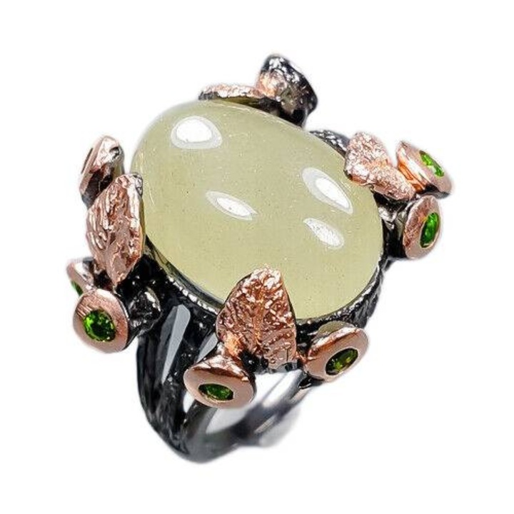 Inel din argint 925, cu acvamarin si diopside, aurit roz, 13, 15x10mm