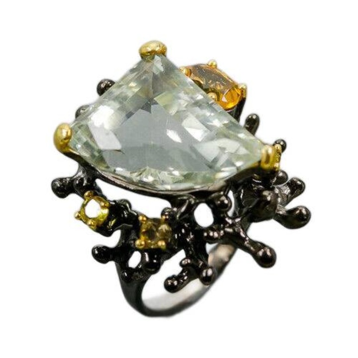 Inel artistic cu ametist verde si citrin, 17, 20x14mm, argint 925, aurit, handmade