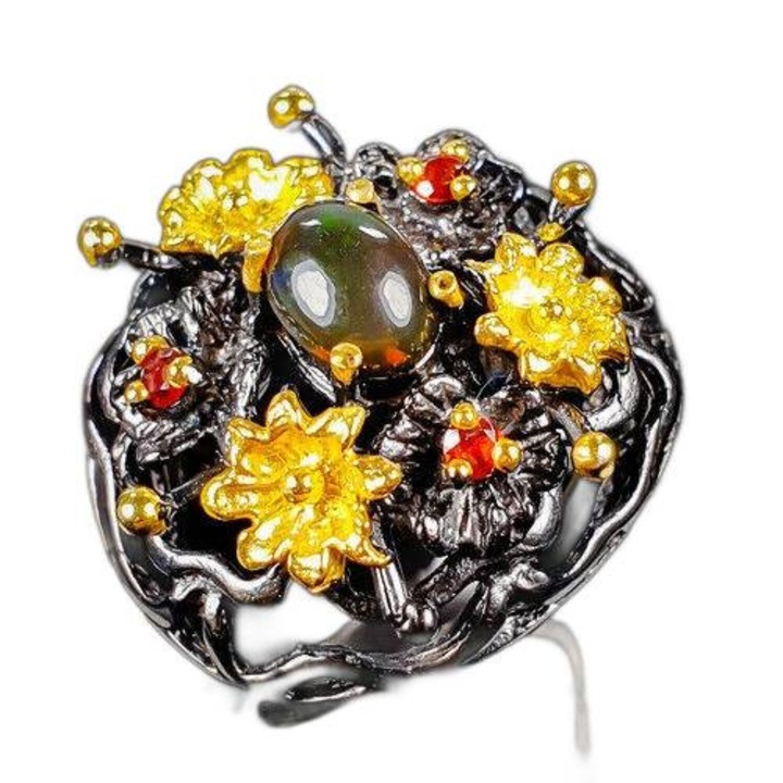 Inel cu opal negru artistic, marimea 14.5, granate