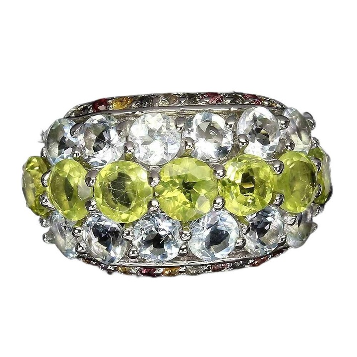 Inel argint 925 Songea cu olivina, acvamarin si safir, 25x15mm, marimea 16.5