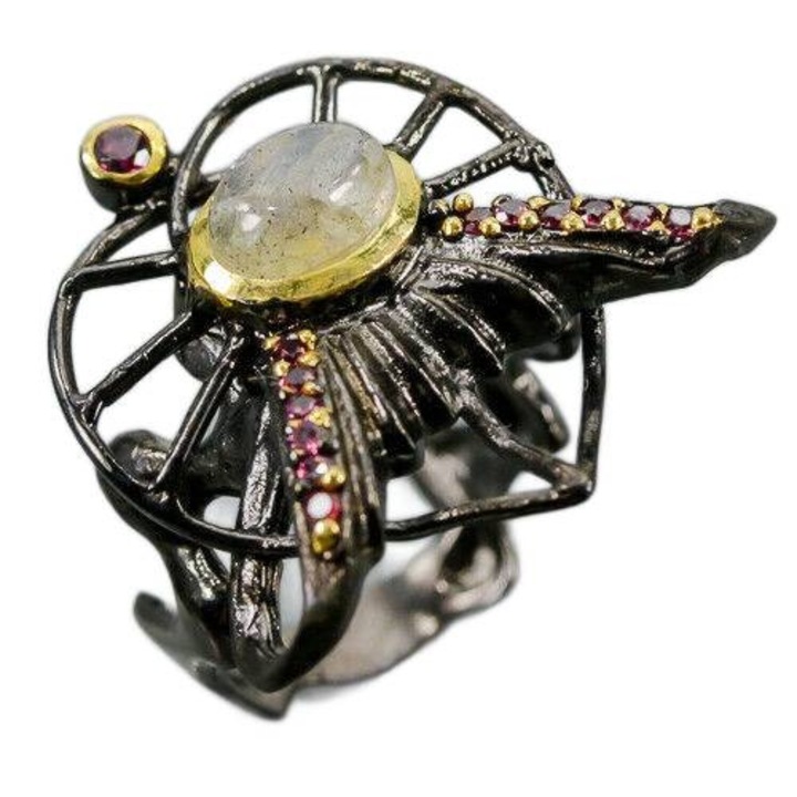 Inel argint 925 cu granate si labradorit, 15, 8x6mm, aurit cu rodiu, set