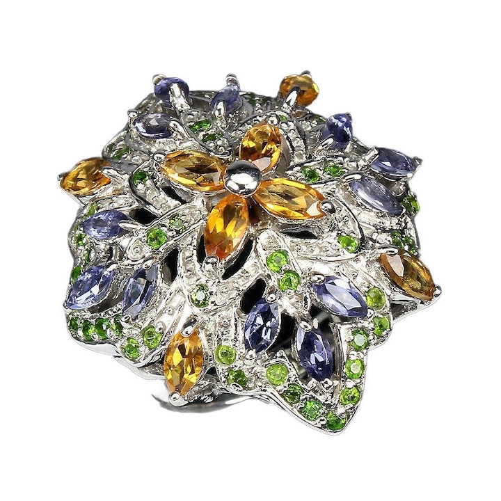 Inel 14K aur alb, Songea, tanzanite, diopsid, citrin, 19, 34x29mm