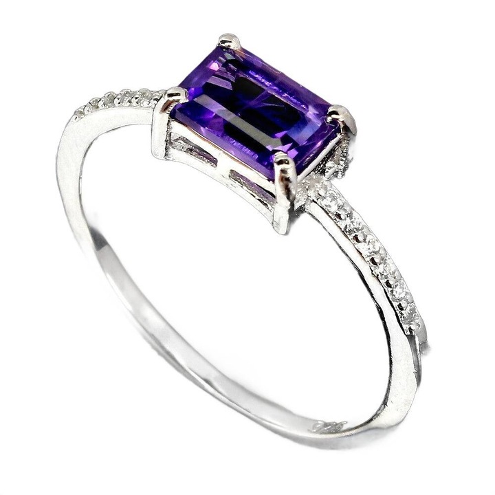Inel din argint 925 cu ametist natural si zirconii, Songea, 15, 21x5mm