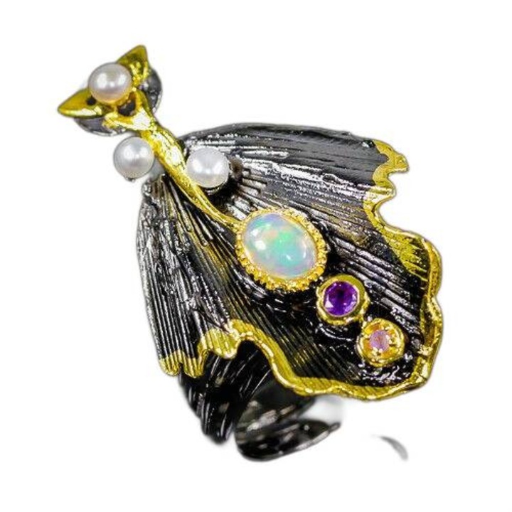 Inel artistic cu opal, ametist si perle, 13, aur roz 24k, argint 925