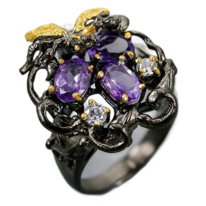 Inel din argint 925 cu ametist, spinel si zirconii, 19, aur roz, 10.7g