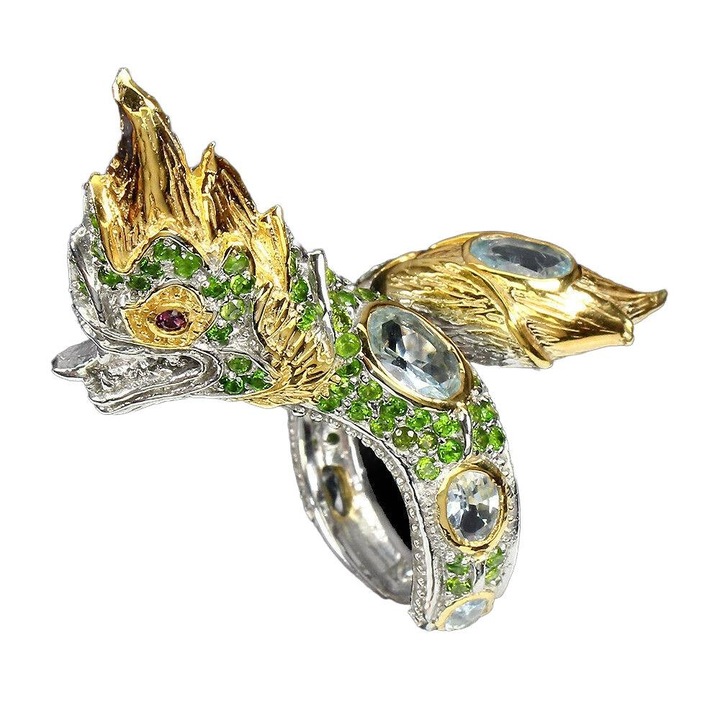 Inel argint 925, diopside, acvamarin, granate, 24x20mm, marimea 16