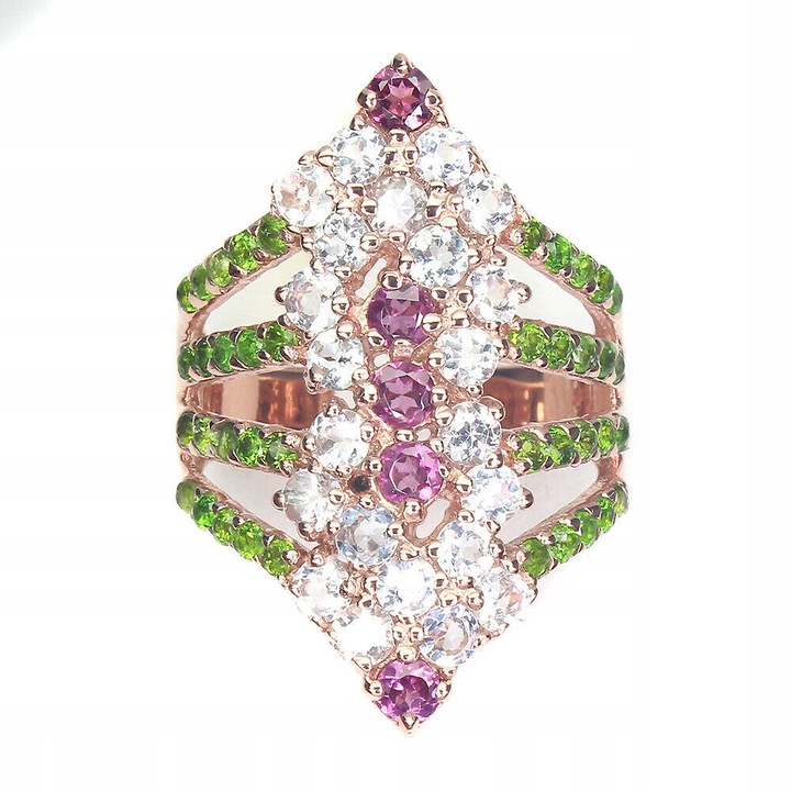 Inel dama 14K aur roz cu granate, diopside si acvamarine, 19, 32x22mm, din argint