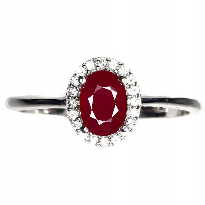 Inel argint 925 cu rubin natural si zirconiu, 10x8mm, marimea 16, aur alb 14K