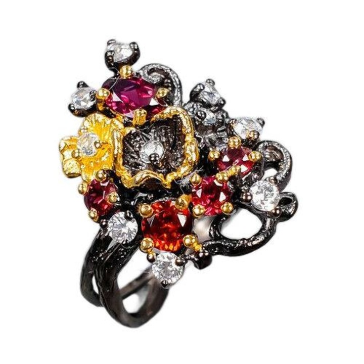 Inel artistic din argint 925 cu granate naturale, 17, 6x4mm, aurit cu rodiu negru