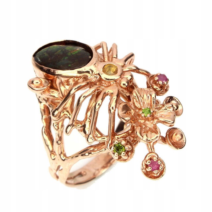 Inel din argint cu amolit, diopsid, safir, marimea 15.5