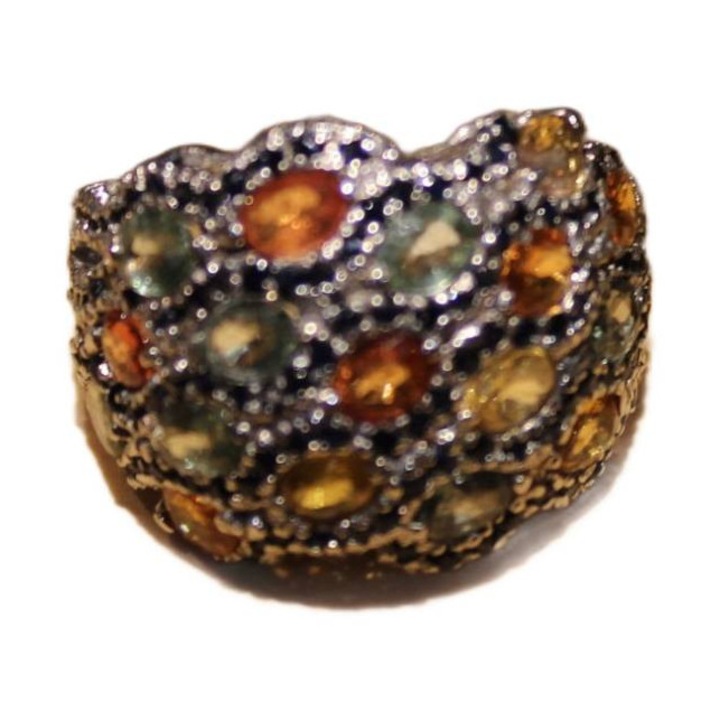 Inel argint 925 cu safire naturale Songea padparadza, verde si granat, 16, 23x18mm