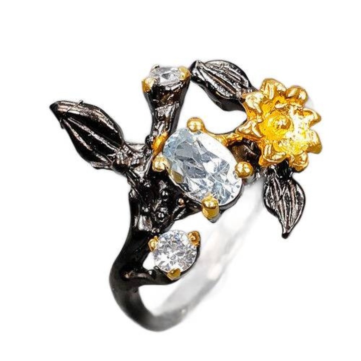 Inel dama din argint 925 cu topaz albastru si zirconii, 19, 3.4g, aurit cu aur galben si rodiu