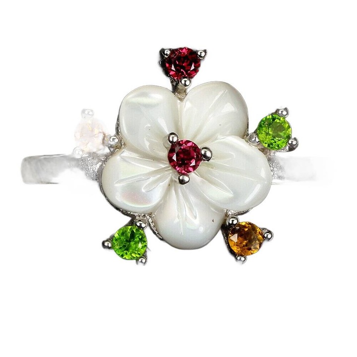 Inel dama din argint 925 cu perle naturale, granate, diopside si turmaline, 14x13mm, marimea 12