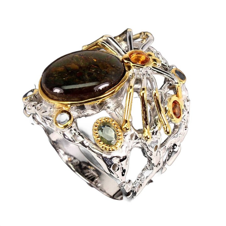 Inel din argint 925 cu amolit si safire, 14K aur alb si galben, 18, 23x25mm