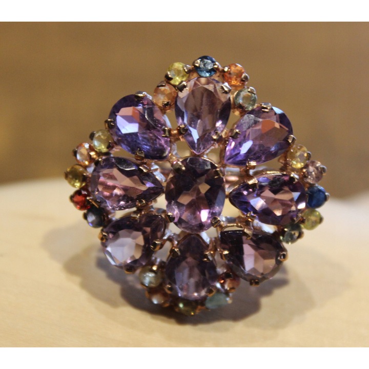 Inel argint 925 cu ametist, safir Songea si smarald, 16, 35x35mm, aur roz 14K, set