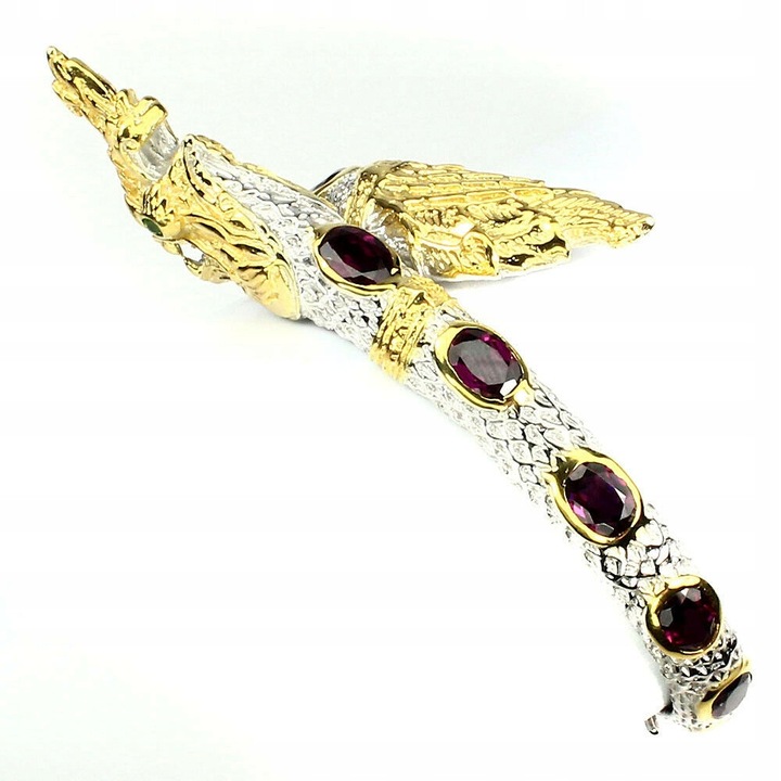 Bratara argintie cu dragon, rodoliti si diopside, 14K, 86x23mm, 5.33cm, din argint