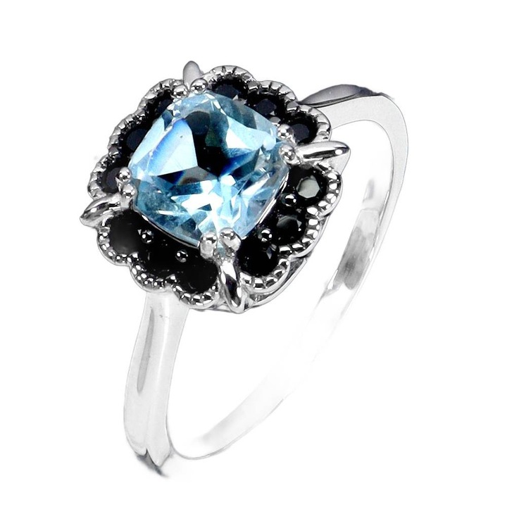 Inel din argint 925 cu topaz natural sky blue si spinel negru, Songea, 14K, 12x12mm