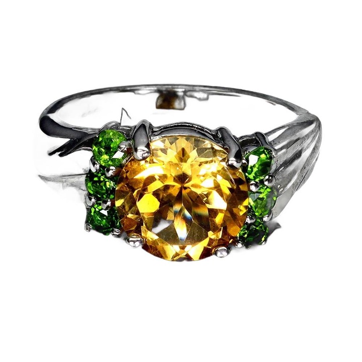 Inel din argint 925, 14 buc., elegant, cu citrina naturala si diopsida
