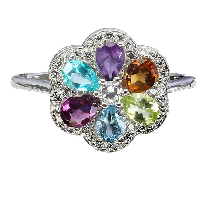 Inel argint 925 cu ametist, topaz, rodolit, citrin, 12x12mm, marimea 12