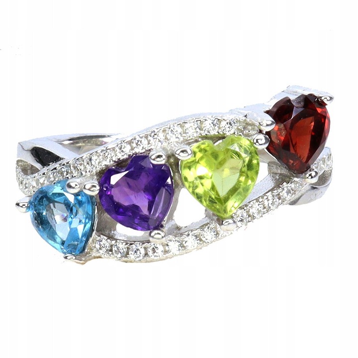 Inel din argint 925, Songea, cu ametist, topaz, granat, 20x10mm, marimea 14
